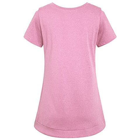 Image of Miusey Workout Clothes for Women, Girls Lightweight Breathable Sports Training Athletic Clothing Summer Causal Active Wear Shirts with Cold Shoulder Pink Medium