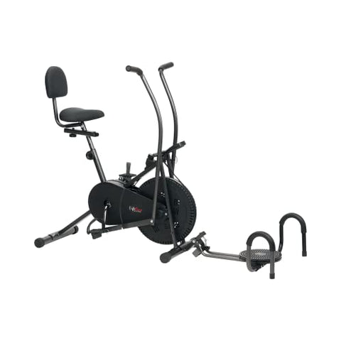 Image of Life Line Fitness LE-103BST 4 In 1 Air Bike Exercise Cycle with Moving and Stationary Handles, Twister & Pushup Bar with Back Support, Vertically & Horizontally Adjustable Seat (Metallic Grey)