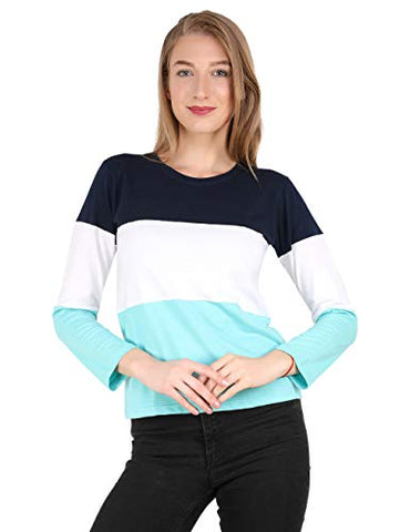 Image of Reifica Women's Multicolor Full Sleeves Tshirt (Navy Blue,White,Ocean Blue, Large)
