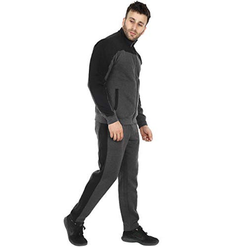 Image of SAAVA Men's Knitted Poly Cotton Charcoal Milange & Black Fleece Tracksuit_L