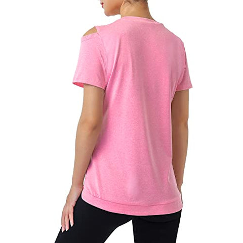 Image of Miusey Workout Clothes for Women, Girls Lightweight Breathable Sports Training Athletic Clothing Summer Causal Active Wear Shirts with Cold Shoulder Pink Medium