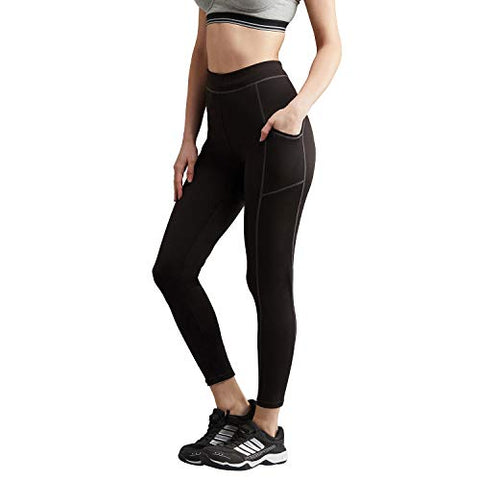 Image of BLINKIN Yoga Gym Workout and Active Sports Fitness Activewear Skinny Fit Leggings & Tights for Women|Girls with Side Pockets(033,Color-Black with Grey Contrast Thread,Size_L)