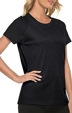Image of MoFiz Women's Workout Running T-Shirt UPF 50+ Sun Protection Activewear Yoga Gym Breathable Soft Short Sleeve Tops Sports Tee Rose Blke Size XS