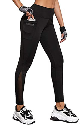Image of BLINKIN Women's Stretch Fit Yoga Pants & Tights with Mesh Insert & Side Pockets(2012,Color_Black,Size_2XL)