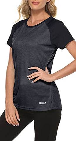 Image of MoFiz Women's Athletic Short-Sleeved Running T-Shirts Lightweight Quick Dry Workout Training Yoga Crewneck Tops Black Grey 2XL