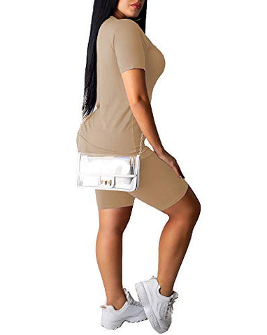 Image of Women's Lightweight Two Piece Sports Outfit Letter Printed Tracksuit Shirt Shorts Jogger Sportswear Set Activewear Apricot XL