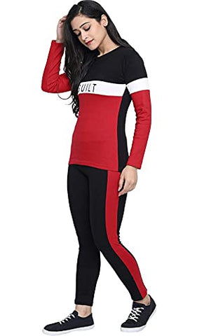 Image of Women's Solid Stripes Track Suit | Women's Striped Tracksuit Top & Leggings Pants Outfit Set for Girls Women's Yoga .Sport Aribics Track Suit Pants, Joggers, Gym, Active Lower Wear (XXL, Red)