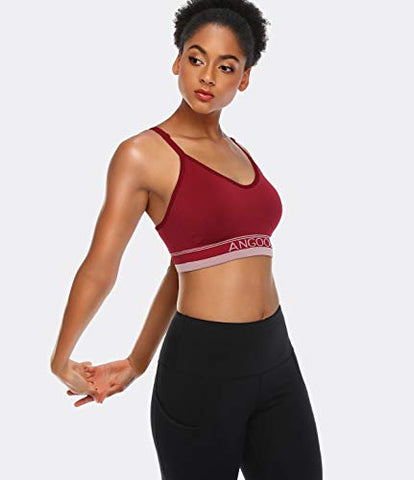 Image of ANGOOL Women's Strappy Sports Bra with Adjustable Straps - Medium Support Longline Wirefree Activewear Bra,3 Pack,Black+Grey+Red,Medium