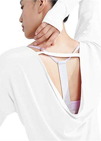 Image of Bestisun Workout Clothes Long Sleeve Workout Shirts for Women Thumb Hole Tops Yoga Open Back Shirts Backless Activewear Tops Boatneck Gym Sports Clothing Athletic Exercise Wear for Women White L