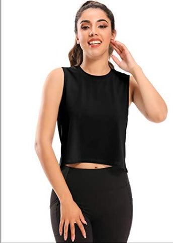 Image of Muzniuer Womens Workout Crop Tops Sports Running Yoga Activewear High Neck Crop Tops Gym Apparel Athletic Muscle Tank Sleeveless Workout Shirts Cropped Tee Black-1 M