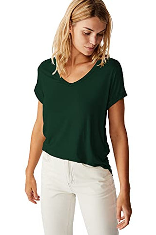 Image of Fabricorn Solid Bottle Green Colour Cotton V-Neck Up Down Hem Short Sleeve Tshirt for Women (Bottle Green, Large)