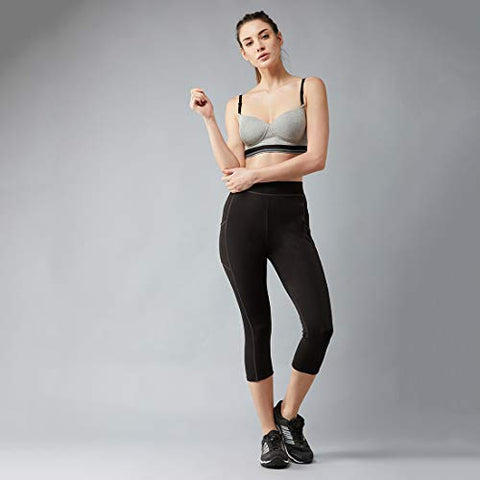 Image of BLINKIN Yoga Gym Workout and Active Sports Fitness Activewear 3/4th Skinny Fit Capri Tights for Women|Girls with Side Pockets(015,Black with Grey Contrast Thread,Size_L)