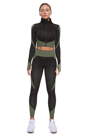 Image of Women's 2 Piece Workout Set Long Sleeve Tracksuit Thumb Hole Front Zipper Crop Top with High Waist Breathable Running Yoga Leggings (Peacock Blue, S)