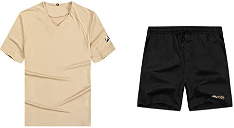 Image of Men's Shorts Set 2 Pieces Outfits Sport Set V-neck T-shirt and Shorts Tracksuit Kahki X-Large