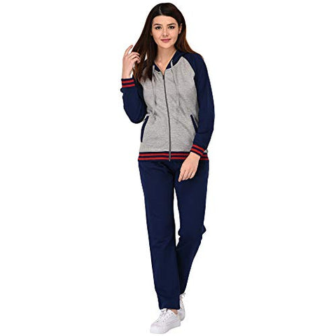 Image of Vivid Bharti Women's Fleece Zipper Hooded Tracksuit (Navy and Grey, Large)