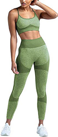 Image of TAKIYA Women's 2 Piece Yoga Workout Outfit Sports Bra High Waist Seamless Leggings Tracksuits Cross Back Tank Top Light Green L