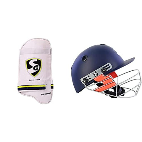 Image of SG Adult Foam, Polyurethane and Fabric Super Test RH Thigh Pad+SG Optipro Polypropylene Cricket Helmets, Medium, Navy Blue