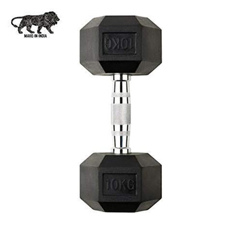 Image of BK Sports Hexagonal 10kg Rubber Coated Fixed Dumbbell Single Piece for Home and Commercial Use Fitness and Exercise, Black