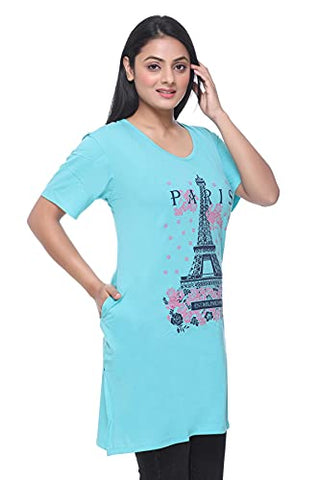 Image of CUPID Regular Fit Cotton Round Neck Half Sleeve T-Shirt, Plus Sizes Nightwear, Sleepwear, Daily Use Gym n Lounge Wear Long Tops for Women - 5XL, Turquoise
