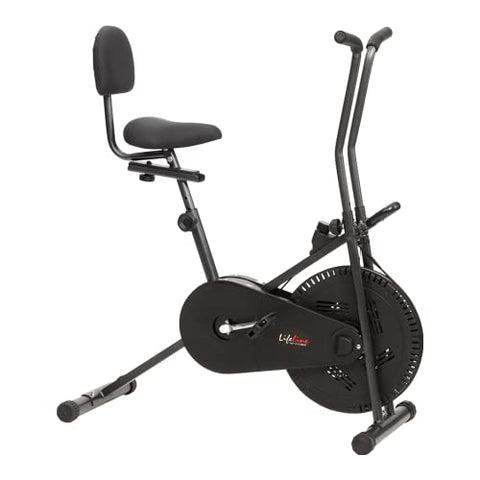 Image of Life Line Fitness LE-102BS Air Bike Exercise Indoor Cycle with Stationary Handles, Back Support, Vertically and Horizontally Adjustable Seat, Adjustable Resistance, LCD Display