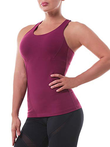 Image of Women’s Yoga Tops Activewear Workout Shirts Sports Racerback Strappy Tank Tops with Built-in Support Bra Purplish Red