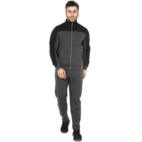 Image of SAAVA Men's Knitted Poly Cotton Charcoal Milange & Black Fleece Tracksuit_L