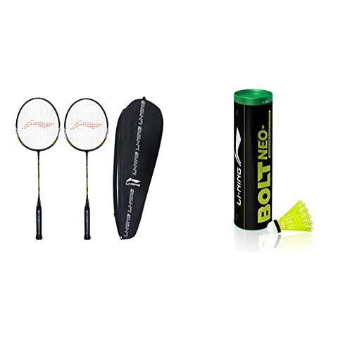 Image of Li-Ning XP-70-IV Aluminum Strung Badminton Racquet (Black/Gold , S2 , 90-95 Grams , 18-20 lbs)+Li-Ning Bolt Neo (6 in 1) Nylon Badminton Shuttlecocks (Yellow)