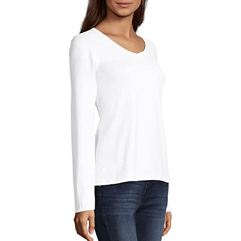 Image of Hanes Women's V-Neck Long Sleeve Tee, White, XX-Large