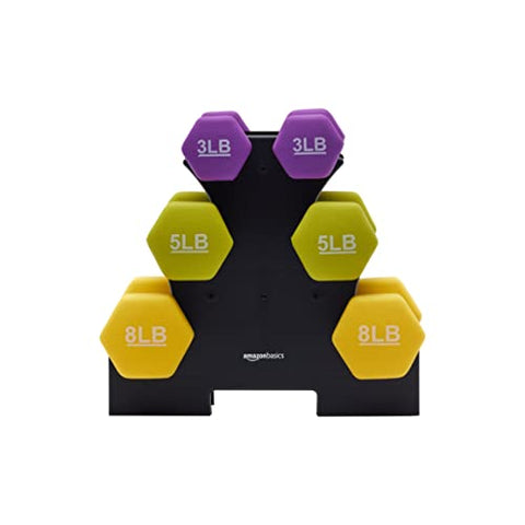 Image of AmazonBasics 32-Pound Dumbbell Set of 6 Dumbbells with Stand, Neoprene, Multicolour