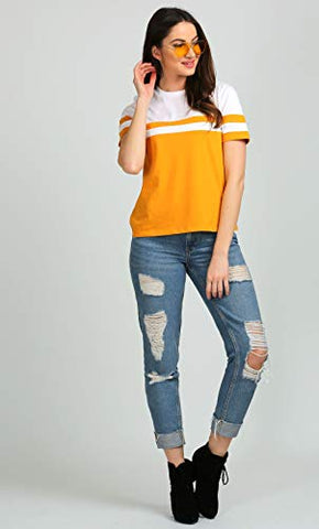 Image of AELOMART Women's Cotton Round Neck Mustard Half Sleeve Top(AWT2053MDW-Pn) (Mustard, Small)