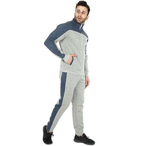 Image of SAAVA Men's Knitted Poly Cotton Grey Milange & Blue Fleece Tracksuit_L