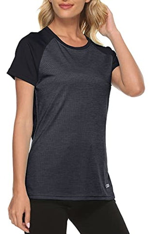 Image of MoFiz Women's Athletic Short-Sleeved Running T-Shirts Lightweight Quick Dry Workout Training Yoga Crewneck Tops Black Grey 2XL