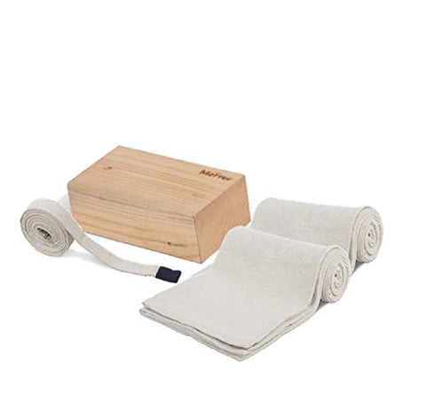 Image of MeFree Yoga Eco-Friendly Combo kit of 1 Block and 1 Strap 9ft and 2 Cotton Blankets (Medium, Natural Pinewood, White )