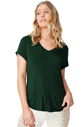 Image of Fabricorn Solid Bottle Green Colour Cotton V-Neck Up Down Hem Short Sleeve Tshirt for Women (Bottle Green, Large)