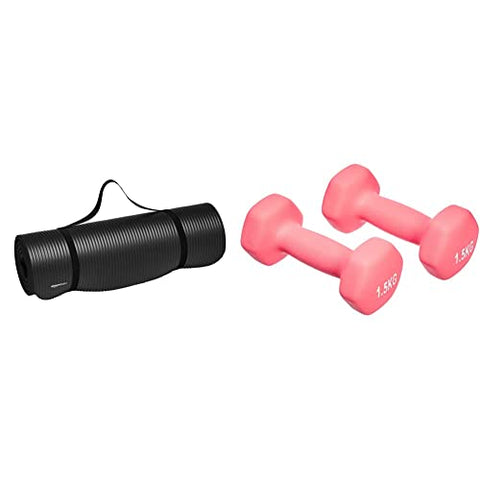 Image of AmazonBasics 13mm Extra Thick Yoga Mat with Carrying Strap, Black & Neoprene Dumbbell Pair, 2 x 1.5Kg