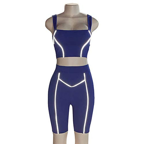 Image of Womens Sexy Reflective 2 Piece Outfits - Bodycon Sleeveless Vest Crop Top+ Short Pants Set Biker Tracksuit Jumpsuit