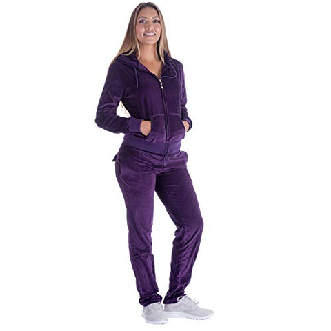 Image of LeeHanTon Women Jogging Suit Sets Plus Size Velvet Zip Up Hoodie & Sweatpant Tracksuits Purple 2XL