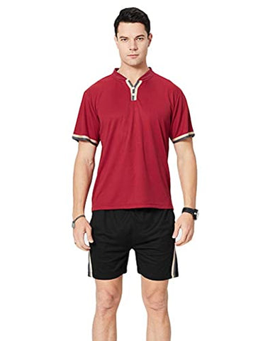 Image of PASOK Men's Casual Tracksuit Short Sleeve Athletic Sports T-Shirts and Shorts Suit Set Red S
