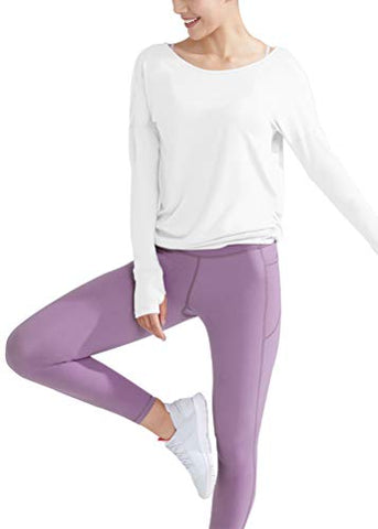 Image of Bestisun Workout Clothes Long Sleeve Workout Shirts for Women Thumb Hole Tops Yoga Open Back Shirts Backless Activewear Tops Boatneck Gym Sports Clothing Athletic Exercise Wear for Women White L