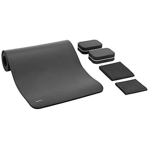 Image of AmazonBasics 13 mm Thick Yoga Mat, Yoga Belt, 2 Blocks & 2 Fast Drying Towels - 6 Piece Set, Grey