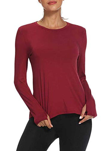 Image of Mippo Long Sleeve Wokout Tops for Women Loose Fit Exercise Yoga Tops Open Back Workout Thumb Hole Shirts Running Fitness Clothes Long Tank Tops Scoop Neck Sports Activewear 2020 Wine Red L