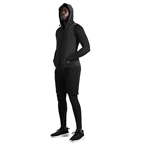 Image of BUYJYA 5Pcs Men's Compression Pants Shirt Top Long Sleeve Jacket Set Suit (WUXIU-Black, S)
