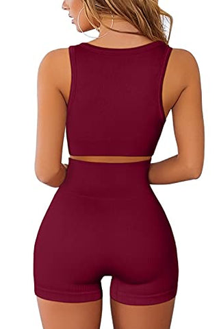 Image of FAFOFA Active Wear Outfits for Women 2 Piece Sets Athletic Seamless Leggings and Ribbed Sport Bra Sets Wine M