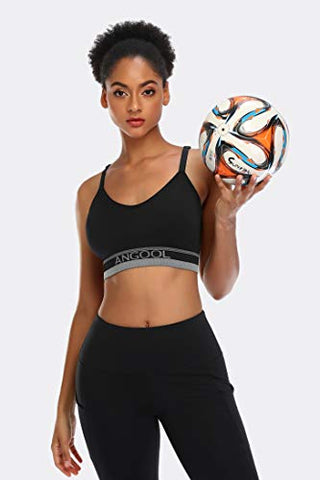 Image of ANGOOL Women's Strappy Sports Bra with Adjustable Straps - Medium Support Longline Wirefree Activewear Bra,2 Pack,Black+Grey,Medium