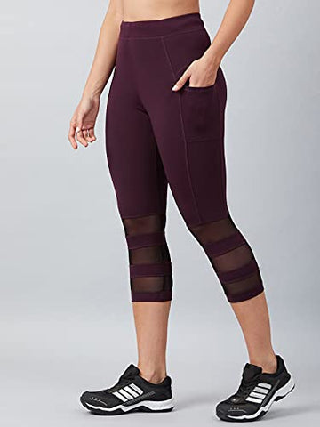 Image of BLINKIN Yoga Gym Workout & Active Sports Fitness Activewear 3/4th Capri Tights for Women with Mesh & Side Pockets(8160,Color_Maroon,Size_XL)