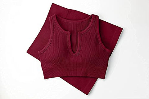 Image of FAFOFA Active Wear Outfits for Women 2 Piece Sets Athletic Seamless Leggings and Ribbed Sport Bra Sets Wine M