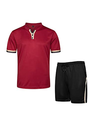 Image of PASOK Men's Casual Tracksuit Short Sleeve Athletic Sports T-Shirts and Shorts Suit Set Red S