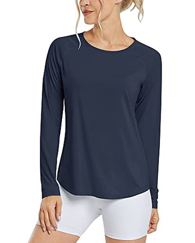 Image of Promover Women's UPF 50+ Workout Shirts Sun Protection Quick Dry Long Sleeve Scoop Neck Yoga Activewear Plain Tee Tops, A-upgraded Navy, XX-Large