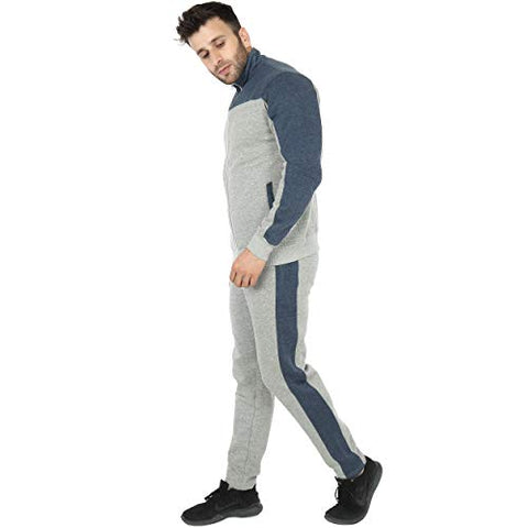 Image of SAAVA Men's Knitted Poly Cotton Grey Milange & Blue Fleece Tracksuit_L