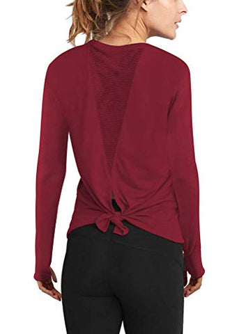 Image of Mippo Long Sleeve Wokout Tops for Women Loose Fit Exercise Yoga Tops Open Back Workout Thumb Hole Shirts Running Fitness Clothes Long Tank Tops Scoop Neck Sports Activewear 2020 Wine Red L